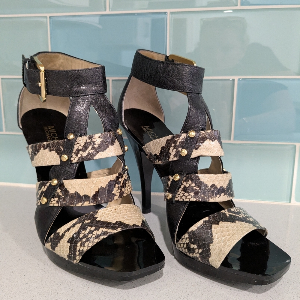 Michael Kors Black and Cream Strappy Leather Snakeskin Heels 7